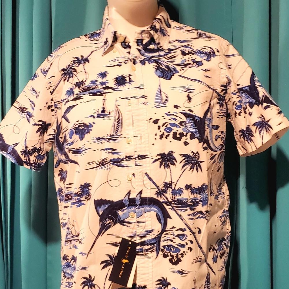 Casual Blue and White Button Down Shirt with Tropical Print